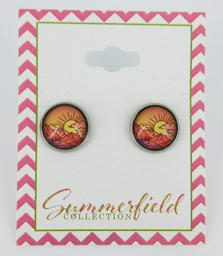 Stainless Steel Vintage Sunrise Print Glass Stud Earrings 12mm