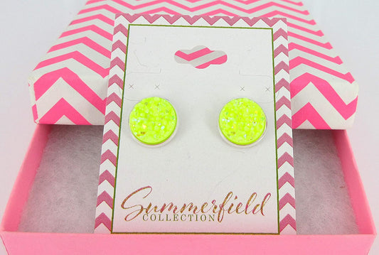 Silver-tone Neon Yellow AB Faux Druzy Stone Stud Earrings 12mm
