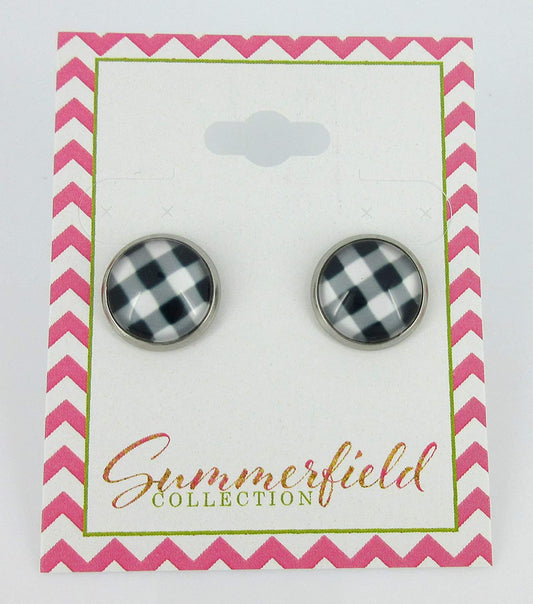 Stainless Steel Black and White Buffalo Plaid Print Glass Stud Earrings 12mm