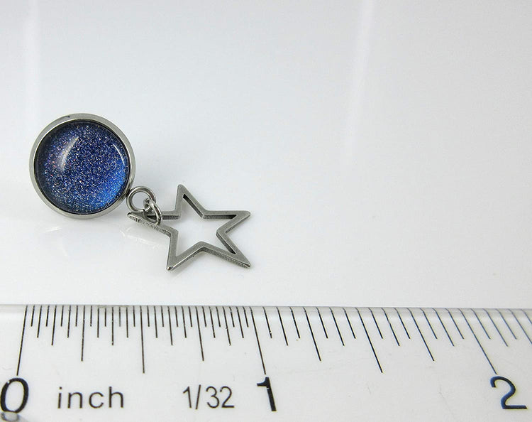 Stainless Steel Blue Galaxy Glitter Glass Stud and Star Drop Earrings