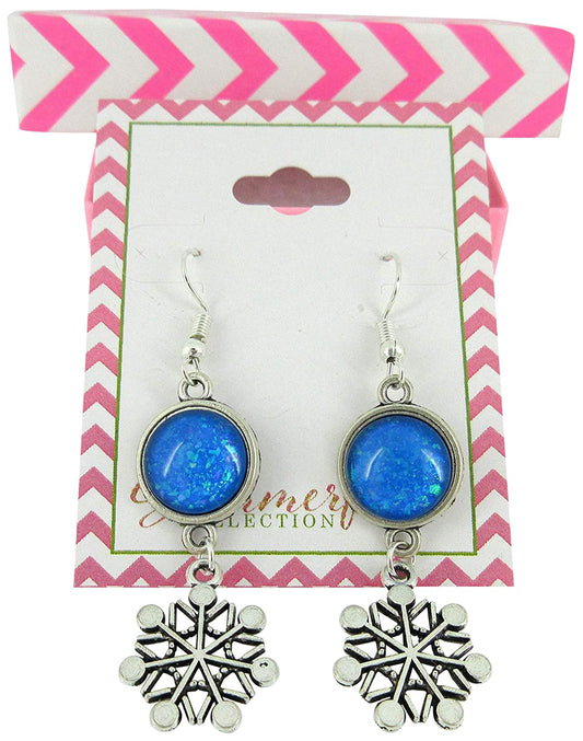 Antiqued Silver-tone Cobalt Blue Glitter Glass Dangle Earrings Snowflake Charm Hand-painted