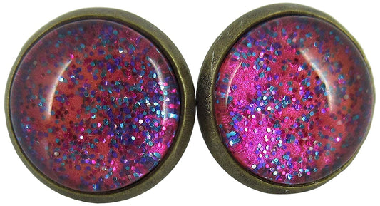 Antiqued Gold-tone Hot Pink and Blue Glitter Glass Stud Earrings Hand-painted 12mm