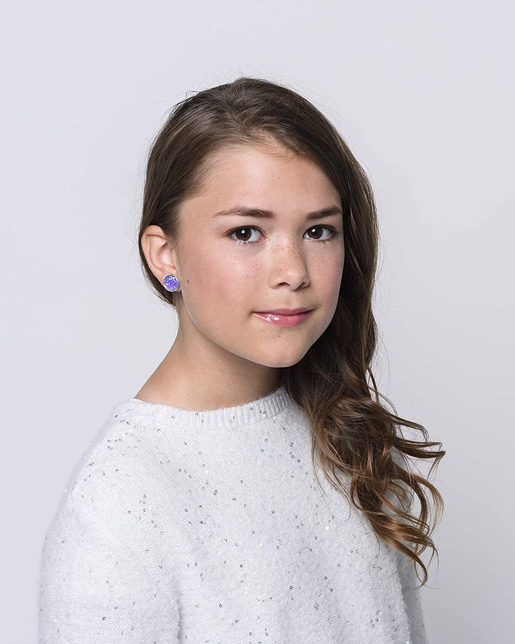 Silver-tone Lavender Purple Frosted Flower Metallic Rainbow Stud Earrings 12mm