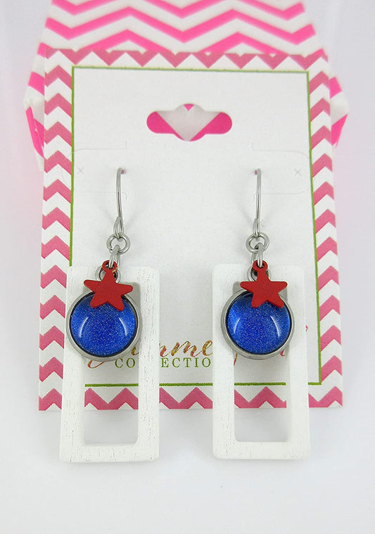 Stainless Steel Patriotic Glass Star Charm Rectangle Wood Dangle Earrings Hand-painted