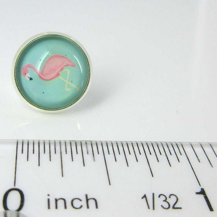 Silver-tone Teal Green Blue and Pink Flamingo Print Glass Stud Earrings 12mm