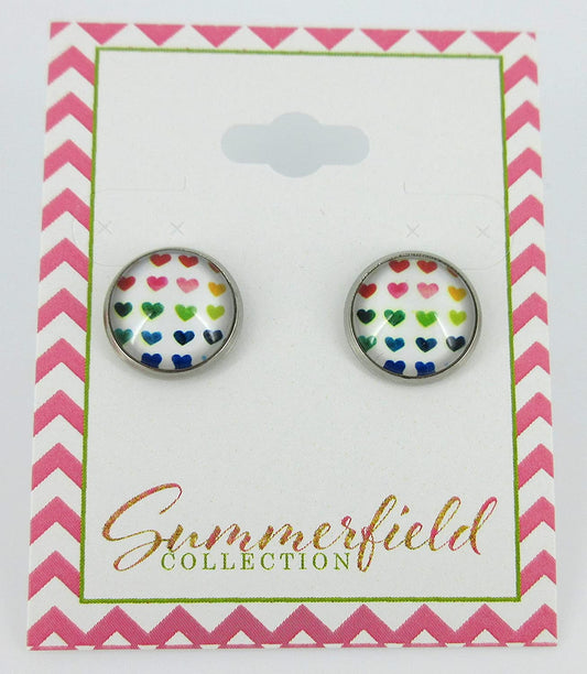 Stainless Steel Rainbow Multi Heart Print Glass Stud Earrings 12mm White Red