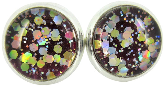Silver-tone Burgundy Confetti Glitter Glass Stud Earrings Hand-painted 10mm