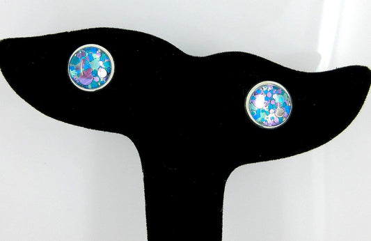 Silver-tone Blue and Purple Glitter Glass Stud Earrings Hand-painted 10mm