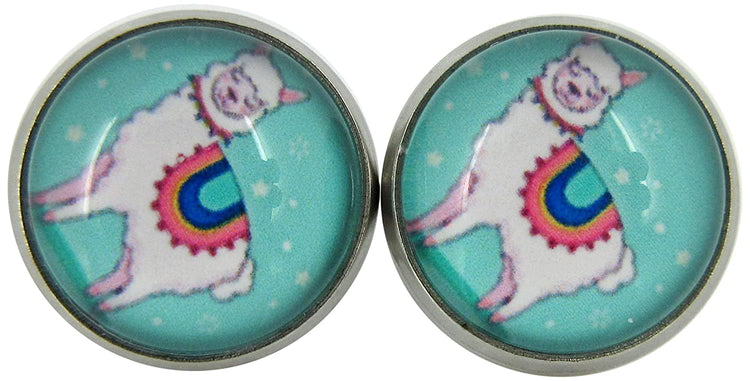 Stainless Steel Teal Llama Print Glass Stud Earrings 12mm