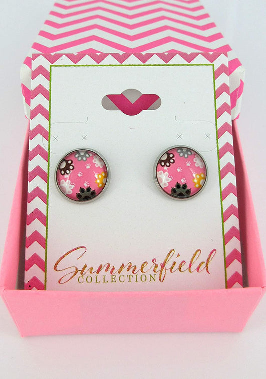 Stainless Steel Pink Cat Paw Print Glass Stud Earrings 12mm