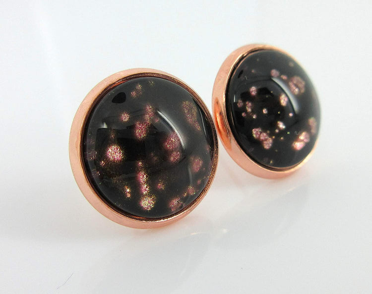 Rose Gold-tone Black Spotted Glitter Glass Stud Earrings Hand-painted 12mm