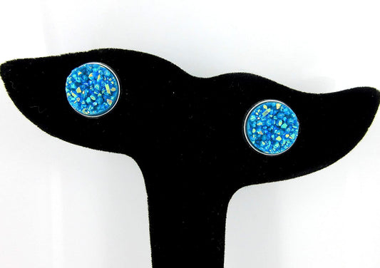 Trio Silver-tone White AB Blue Stud Earrings 12mm Faux Druzy Stone Set