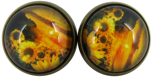 Antiqued Gold-tone Sunset Sunflower Print Glass Stud Earrings 12mm