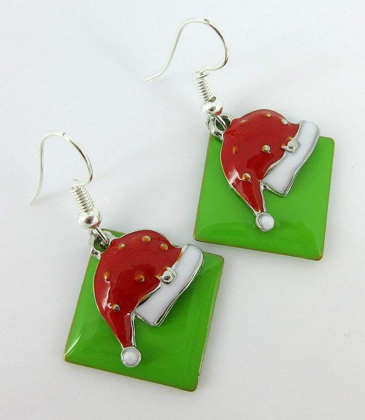 Silver-tone Green Enamel Santa Hat Charm Dangle Earrings