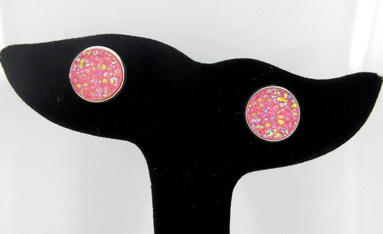 Duo Stud Earrings Silver-tone Pink and Green AB Faux Druzy Stone 12mm Set