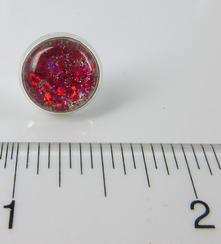 Silver-tone Hot Pink and Pearly White Glitter Glass Stud Earrings Hand-painted 12mm