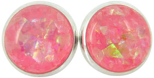 Shiny Silver-tone Opalescent Leaf Resin Stud Earrings 10mm (Cotton Candy Pink)