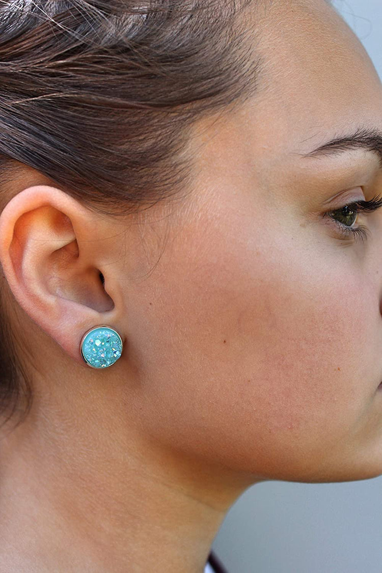 Silver-tone Pastel AB Faux Druzy Stone Stud Earrings 12mm