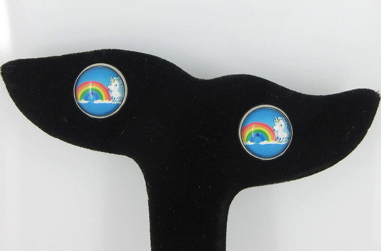 Stainless Steel Unicorn Licking Rainbow Print Glass Stud Earrings 12mm