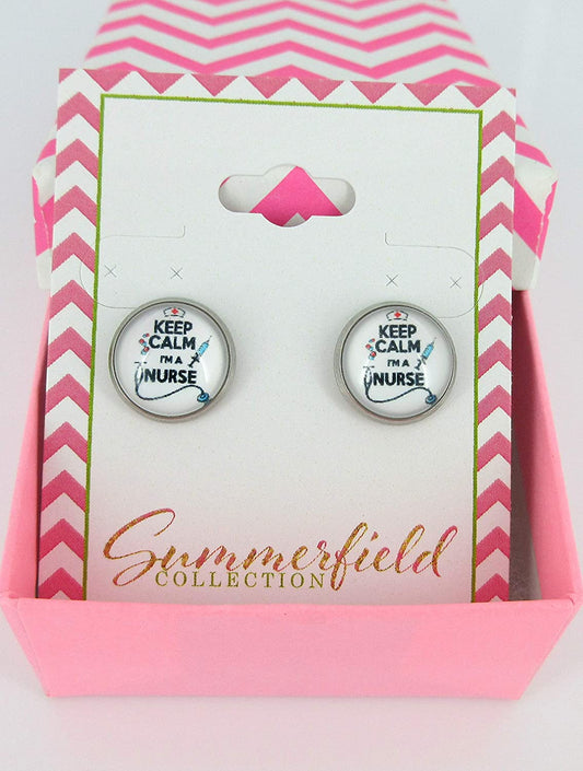 Stainless Steel Keep Calm I'm a Nurse Print Glass Stud Earrings 12mm White Black Red