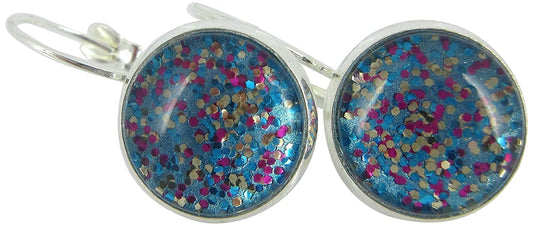 Silver-tone Blue and Pink Confetti Glitter Glass Lever-back Drop Earrings Hand-painted