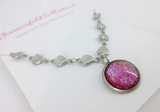 Stainless Steel Heart Chain and Pink Glitter Glass Pendant Necklace