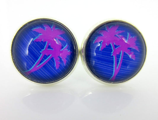 Silver-tone Blue and Pink Palm Tree Print Glass Stud Earrings 12mm