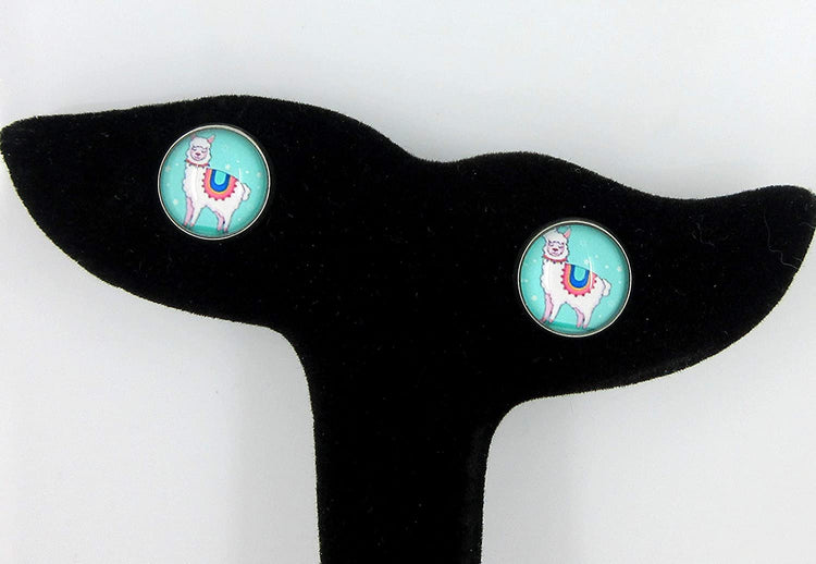Stainless Steel Teal Llama Print Glass Stud Earrings 12mm