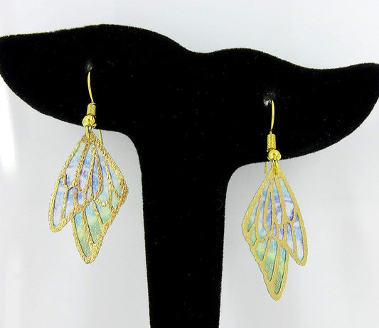 Purple and Green Butterfly Wing Fabric Dangle Earrings