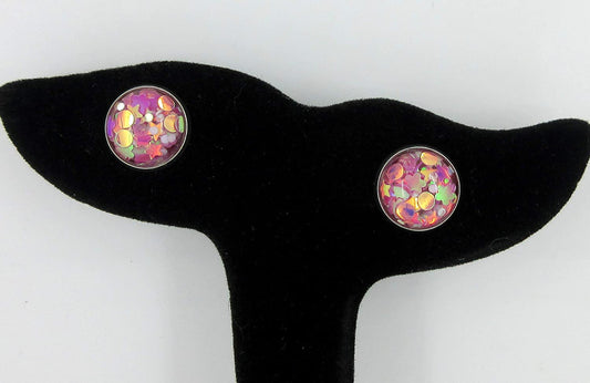Stainless Steel Glitter Resin Globe Stud Earrings 12mm Magenta