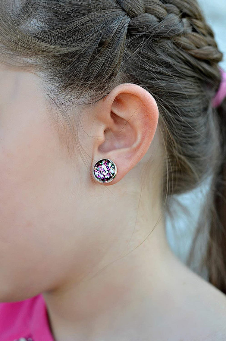 Silver-tone Preppy Mix Glitter Glass Stud Earrings Hand-painted 12mm