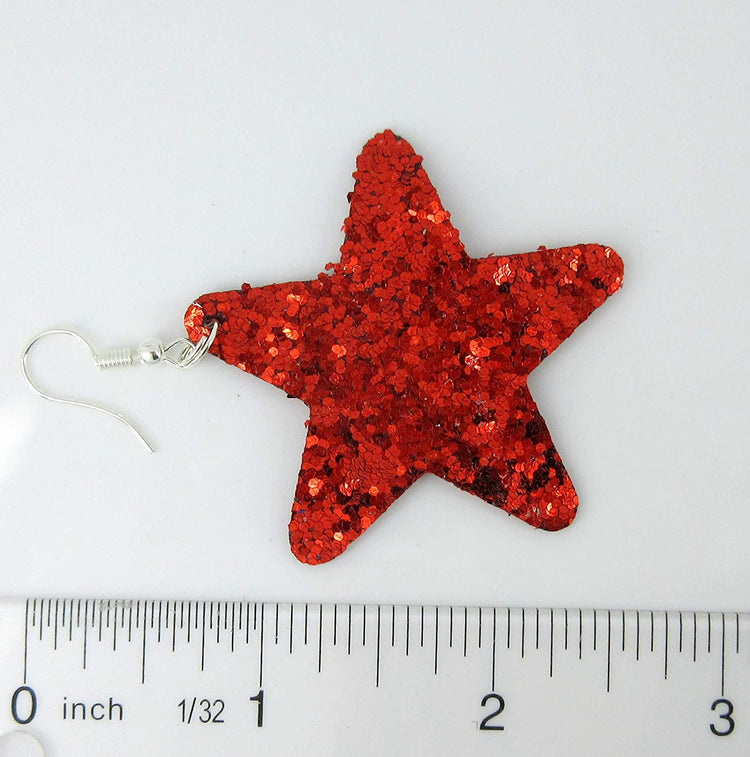 Red Glitter Faux Leather Large Star Dangle Earrings