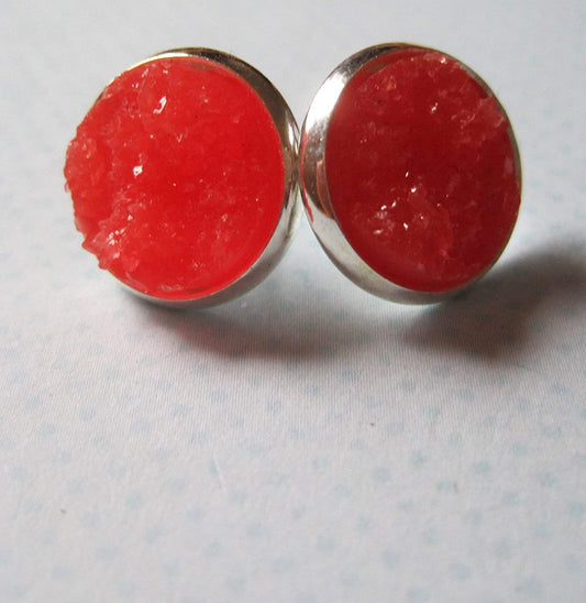 Silver-tone Bright Cherry Red Faux Druzy Stone Stud Earrings 12mm