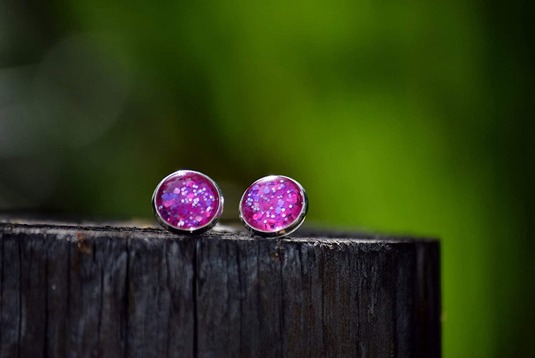 Silver-tone Fuchsia Pink and Purple Glitter Glass Stud Earrings Hand-painted 12mm