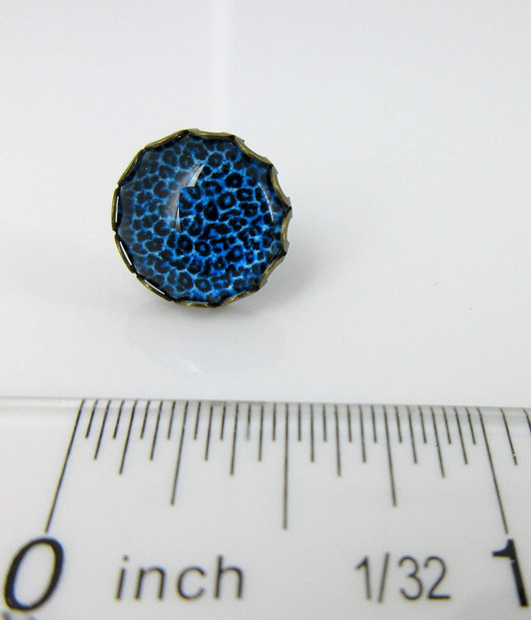 Antiqued Gold-tone Dark Blue Animal Print Glass Stud Earrings 12mm