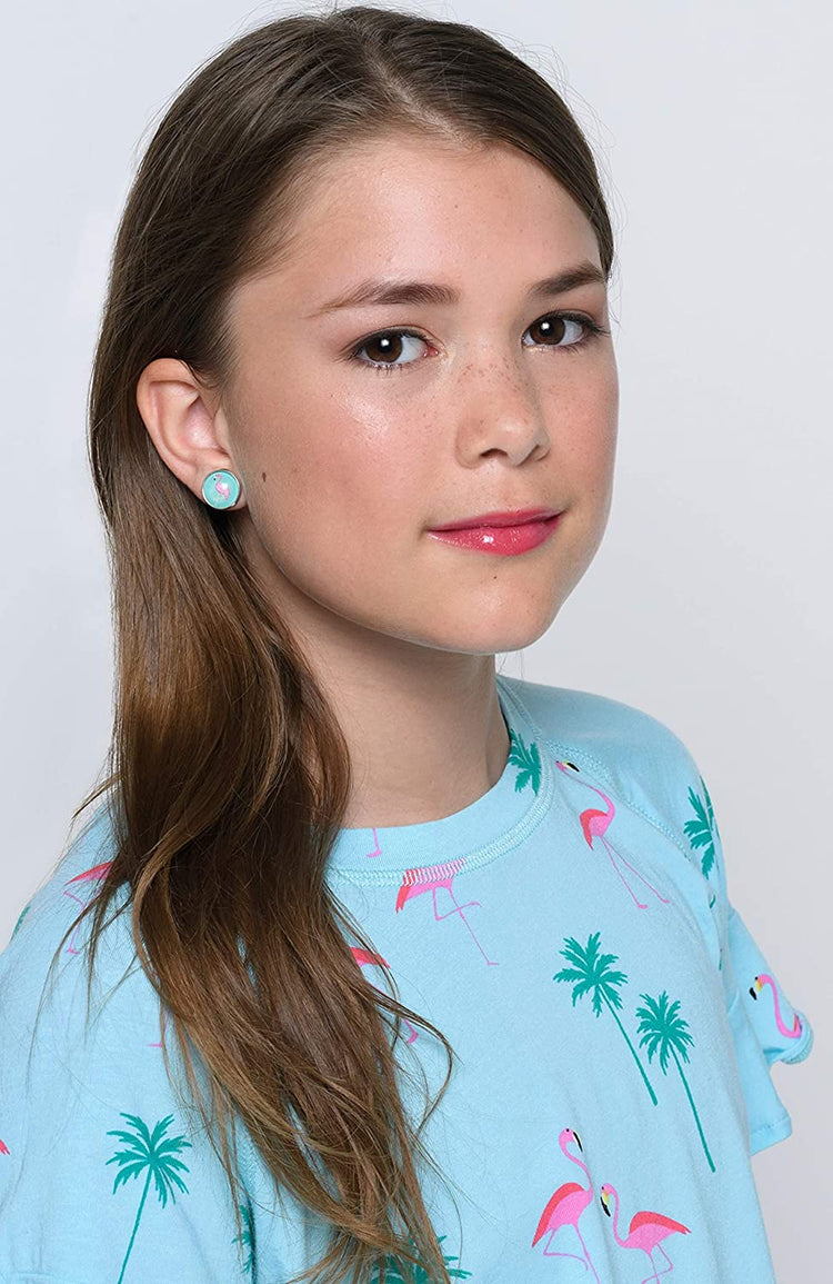 Silver-tone Teal Green Blue and Pink Flamingo Print Glass Stud Earrings 12mm