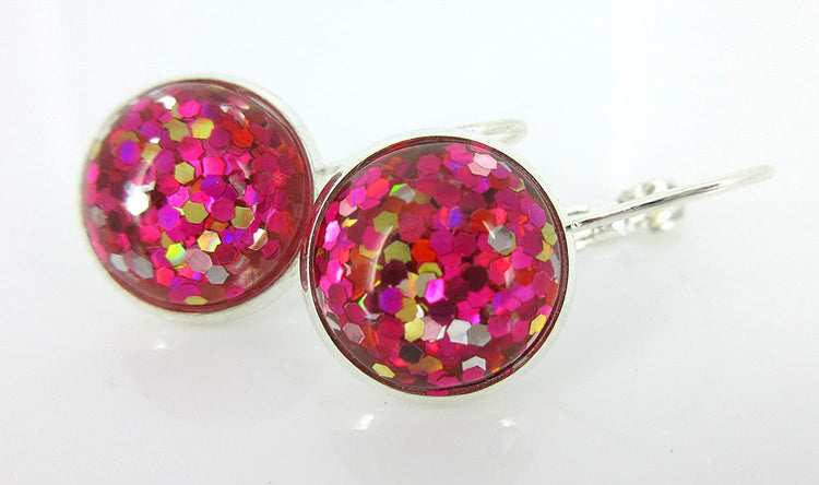 Silver-tone Metallic Glitter Resin Lever-back Drop Earrings 12mm (Pink)