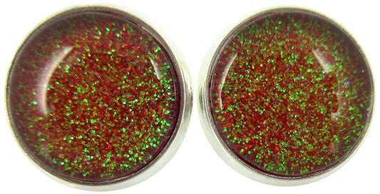 Silver-tone Red and Green Glitter Glass Stud Earrings Hand-painted