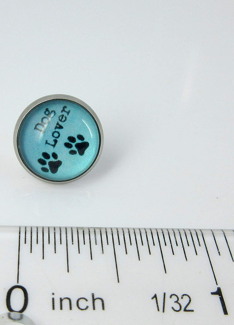 Stainless Steel Blue Dog Lover Paw Print Glass Stud Earrings 12mm