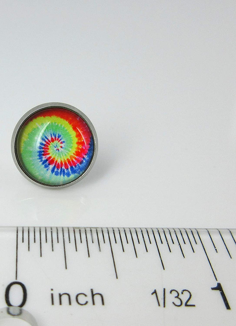 Stainless Steel Tie Dye Print Glass Stud Earrings 12mm Aqua Royal Blue