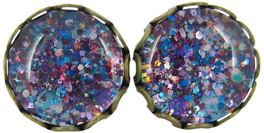 Antiqued Gold-tone Purple and Blue Glitter Glass Stud Earrings Hand-painted 10mm