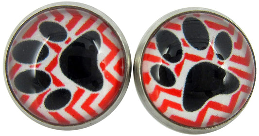 Stainless Steel Red Chevron and Black Paw Print Pink Glass Stud Earrings 12mm