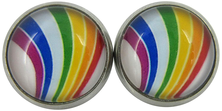 Stainless Steel Vintage Rainbow Stripe Print Glass Stud Earrings 12mm