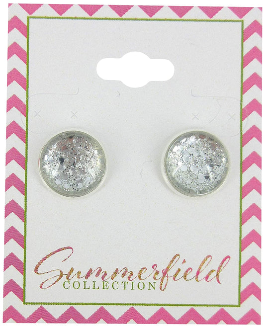 Silver-tone Glitter Glass Stud Earrings 12mm Hand-painted