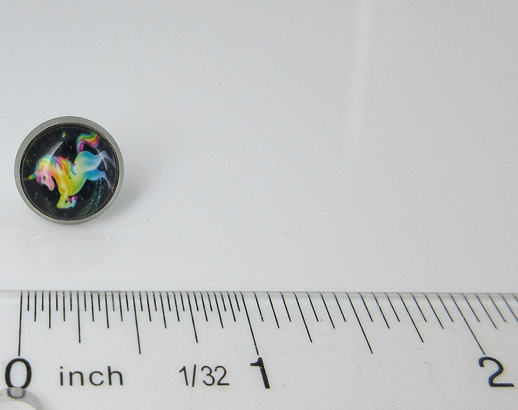 Stainless Steel Rainbow Unicorn Black Print Glass Stud Earrings 12mm