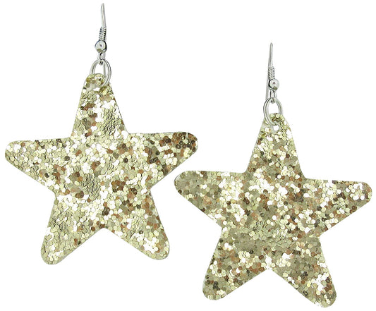 Gold Glitter Faux Leather Large Star Dangle Earrings