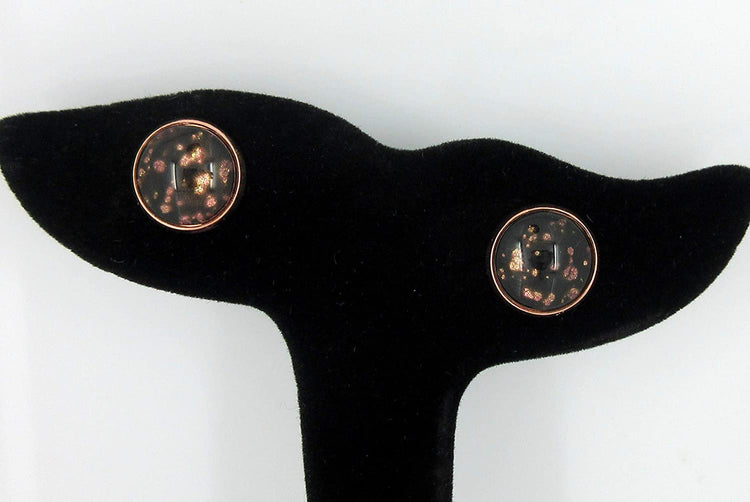 Rose Gold-tone Black Spotted Glitter Glass Stud Earrings Hand-painted 12mm