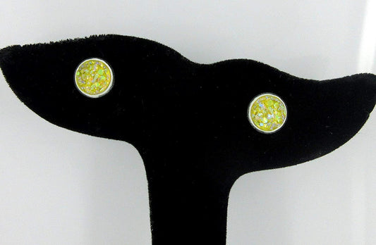 Silver-tone Yellow AB Faux Druzy Stone Stud Earrings 8mm