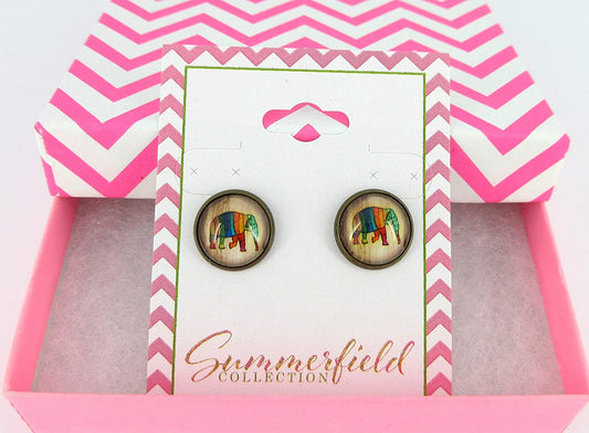 Antiqued Gold-tone Rainbow Elephant Print Glass Stud Earrings 12mm