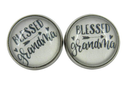 Stainless Steel Blessed Grandma Print Glass Stud Earrings 12mm
